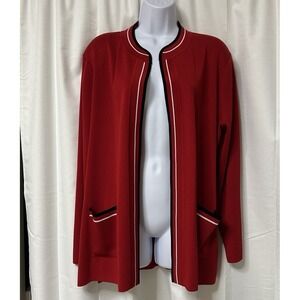 Exclusively Misook Red Jacket Open Front Cardigan Black Trim Sweater Knit Sz XL